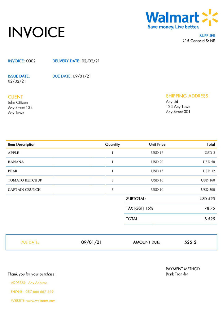 USA Walmart invoice template PSD template